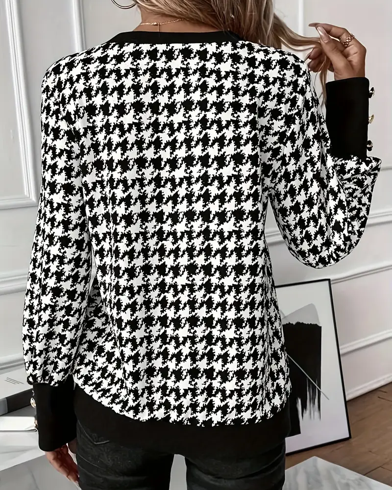 T-Shirt Met Klassieke Stijl, Houndstooth Patroon, Kleurblok Panelen