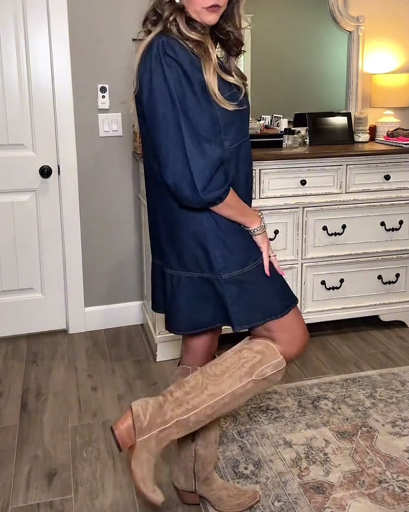 Casual jurk met V-hals tot op de knie, slank gesneden