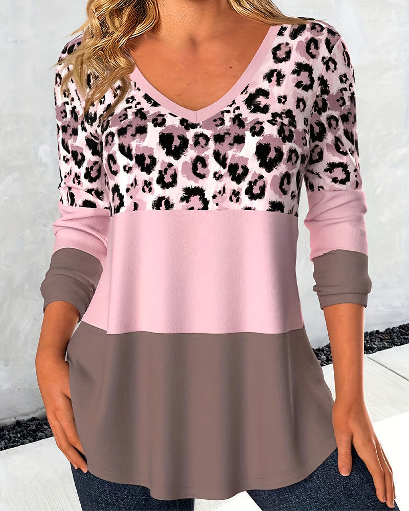 T-Shirt Met Kleurblok, Oogvattend En Luipaardpatroon Kenmerken
