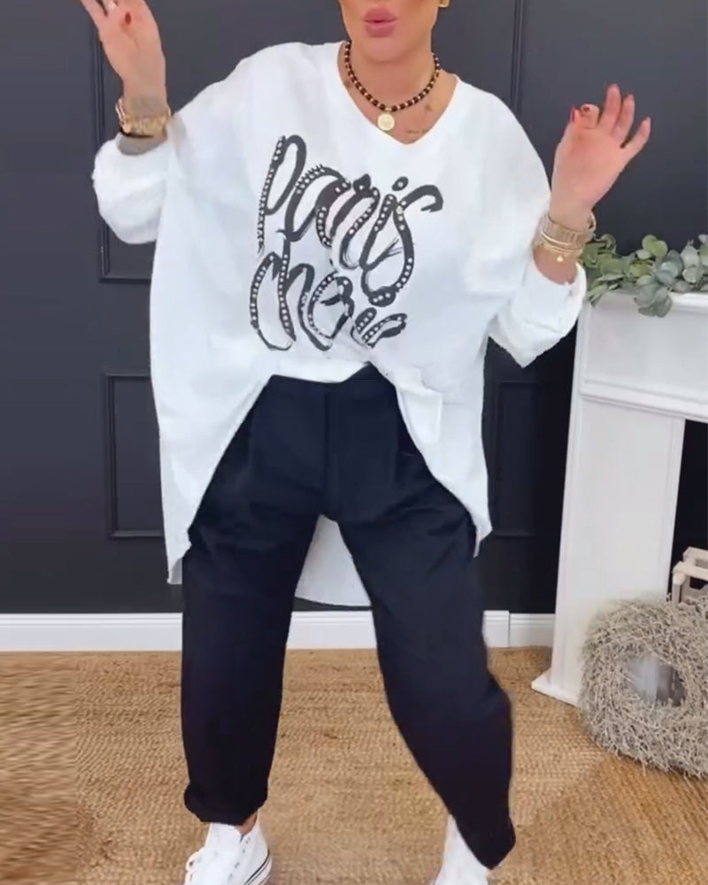 Top Ronde Hals Onregelmatige Letterprint