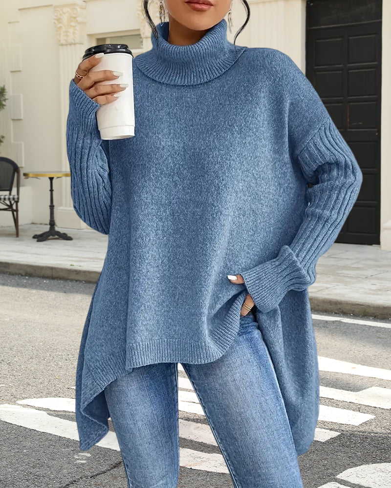 Losse Trui met Hoge Kraag en Onregelmatige Snit