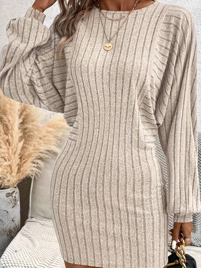 Casual beige gebreide jurk voor dames met ballonmouwen - elegante ribbed bodycon stijl voor een theepartijtje