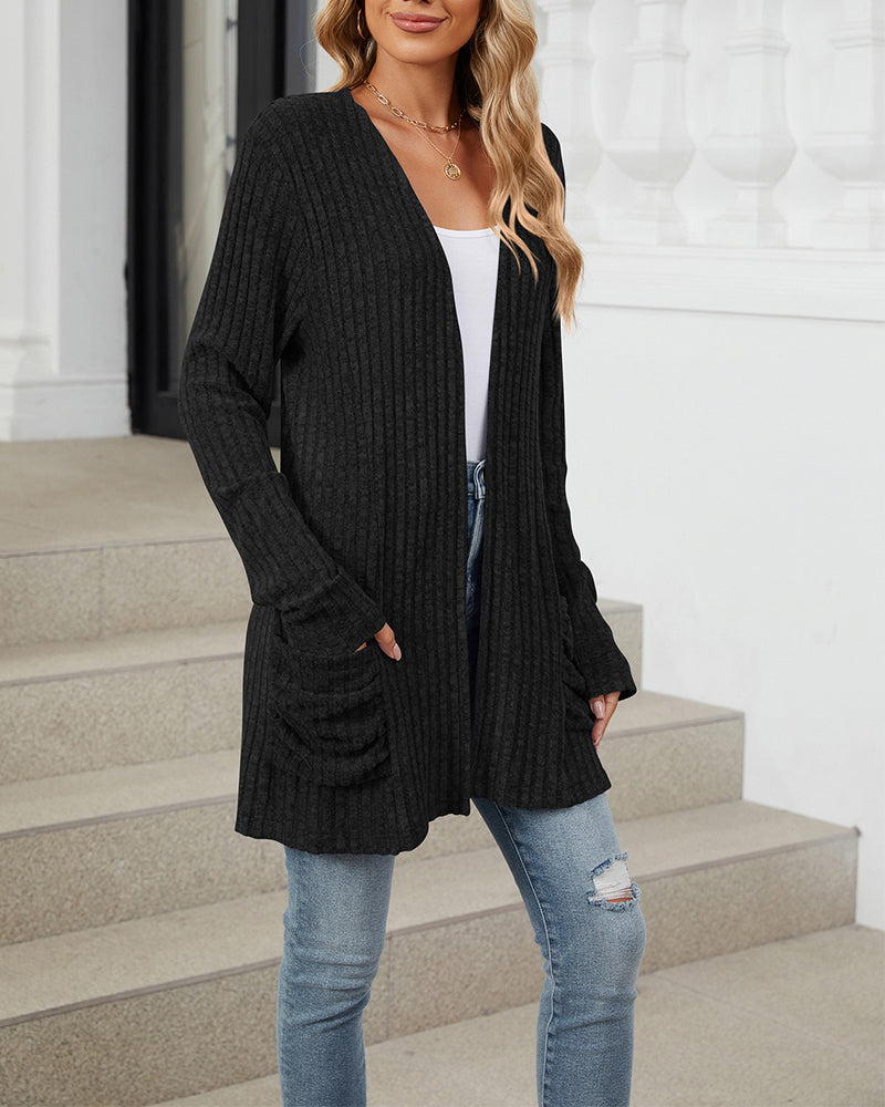 Casual effen kleur cardigan met lange mouwen en zak