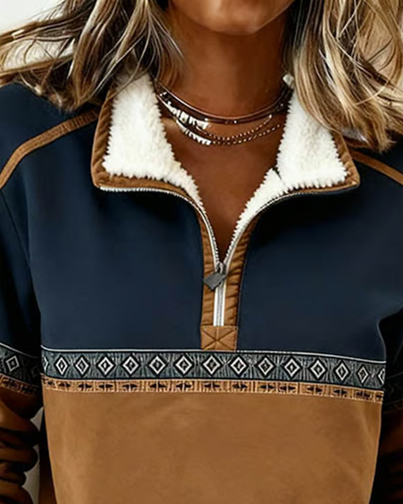 Retro Sweatshirt Met Colorblocking En Bontkraag