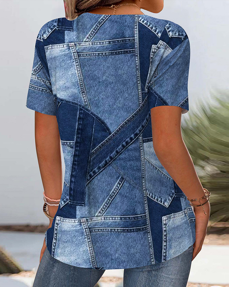 Blouse Vintage Denim Contrast Uitsnijding