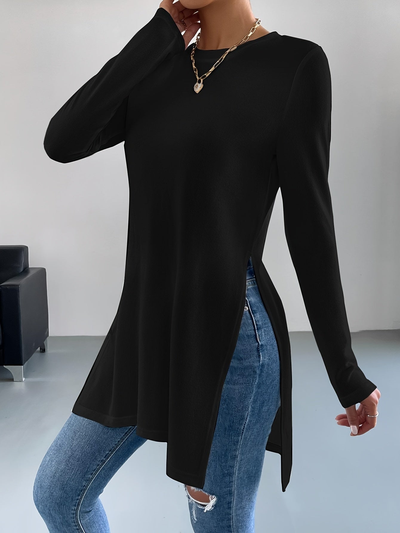 Lange mouw tuniek top - trendy dames top met zijsplitten