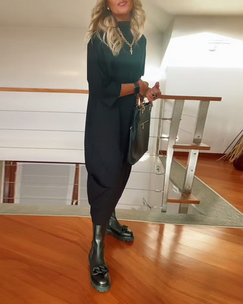 Effen kleur losse hoge kraag casual jurk