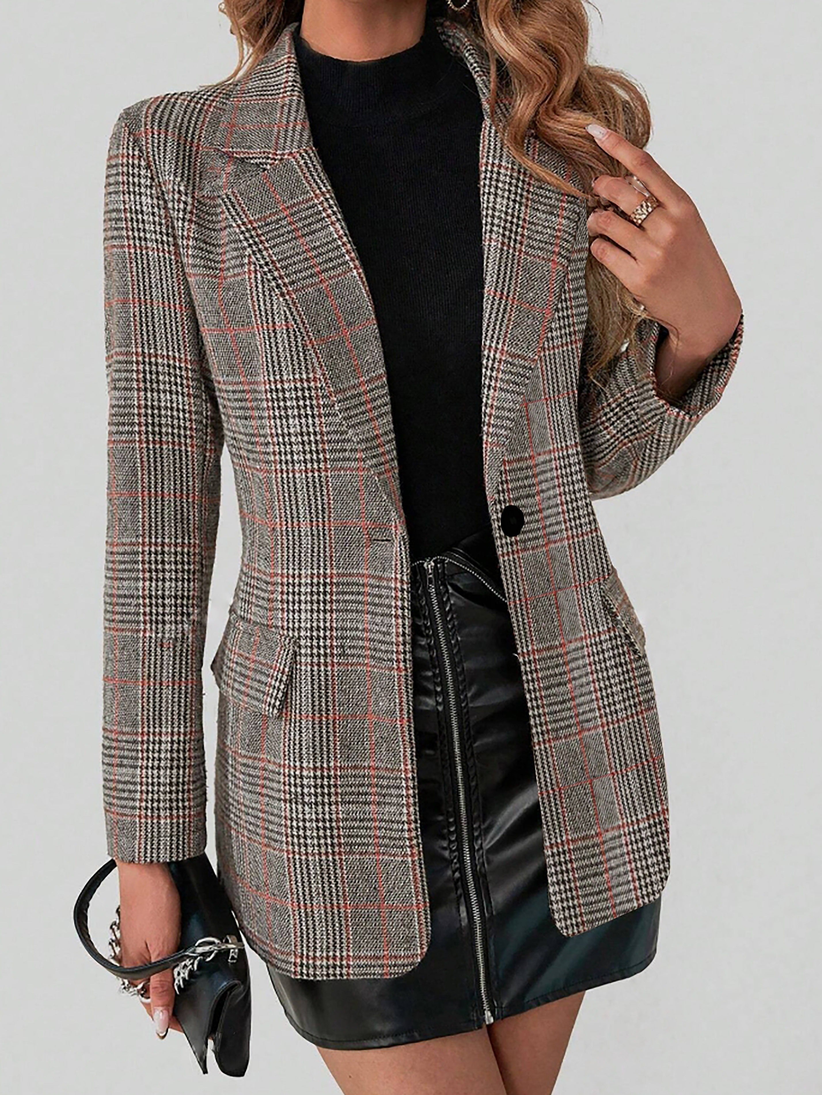 Dames bruine geruite blazer, tailored fit - chique layering jasje van kwaliteit stof