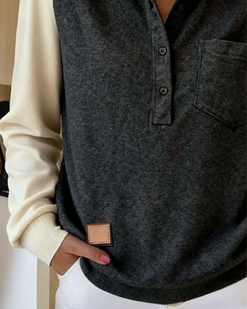 Top Polo Kraag Contrasterende Kleur Lange Mouw