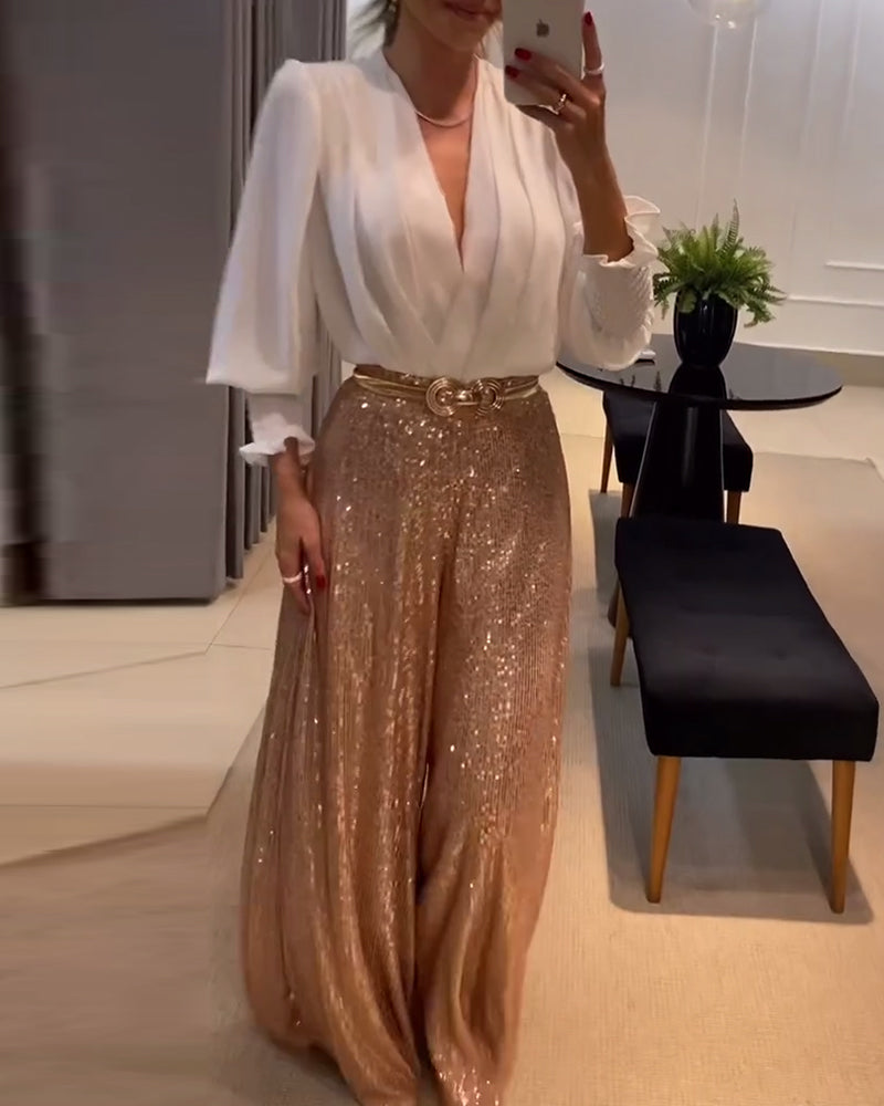 Elegante effen V-hals blouse met lantaarnmouwen