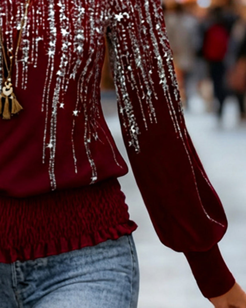 Modieuze Gedrukte Langmouwige Top Met Ronde Hals