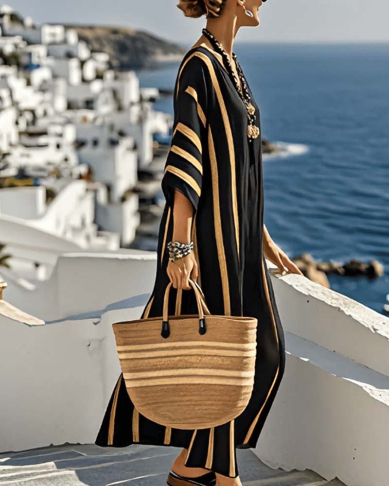 Losse Jurk Met V-Hals En Verticale Strepen