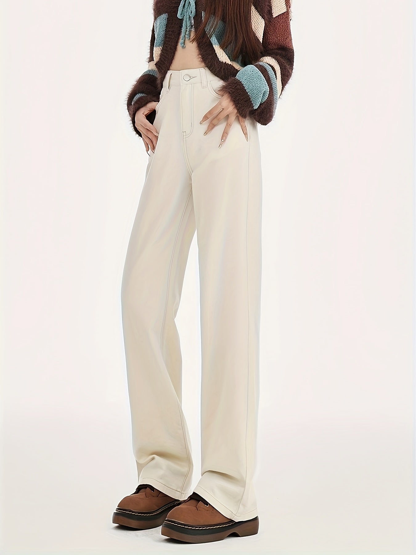 Zijdeachtige wide leg trousers - trendy ivoorwitte hoge taillebroek voor dames