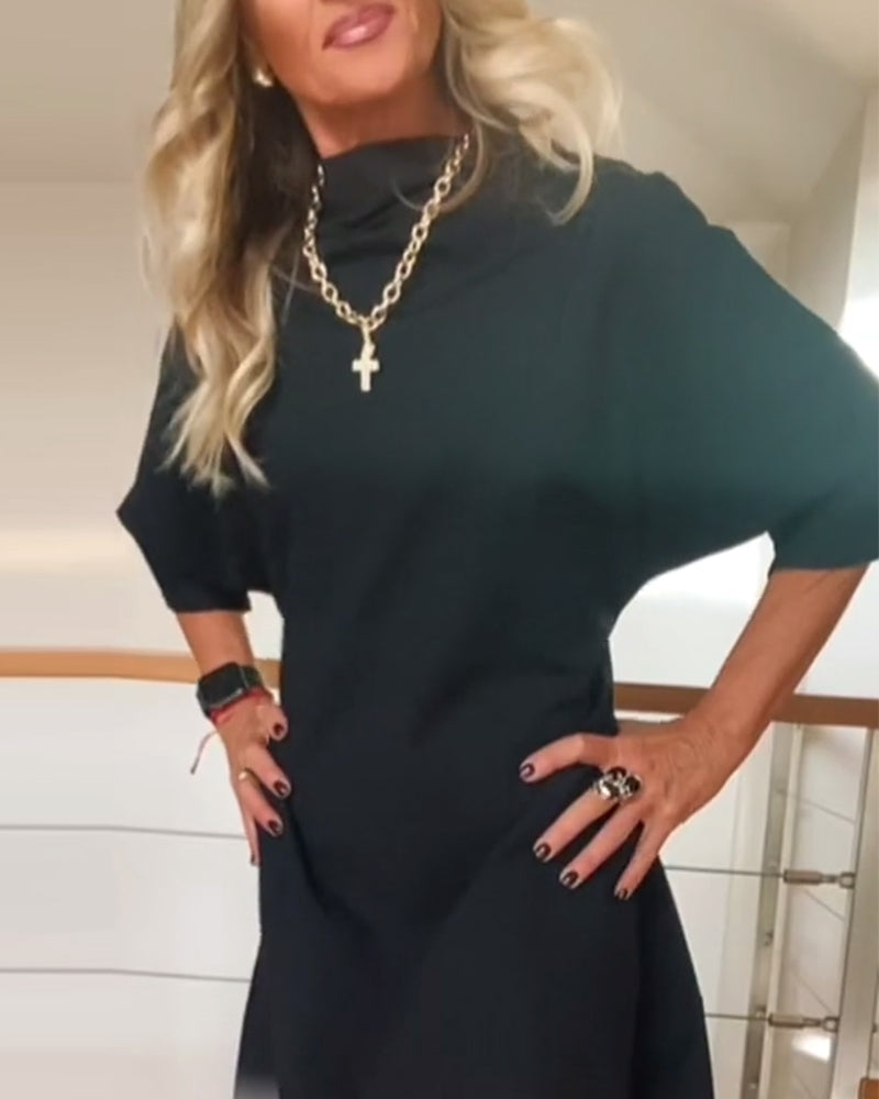 Effen kleur losse hoge kraag casual jurk