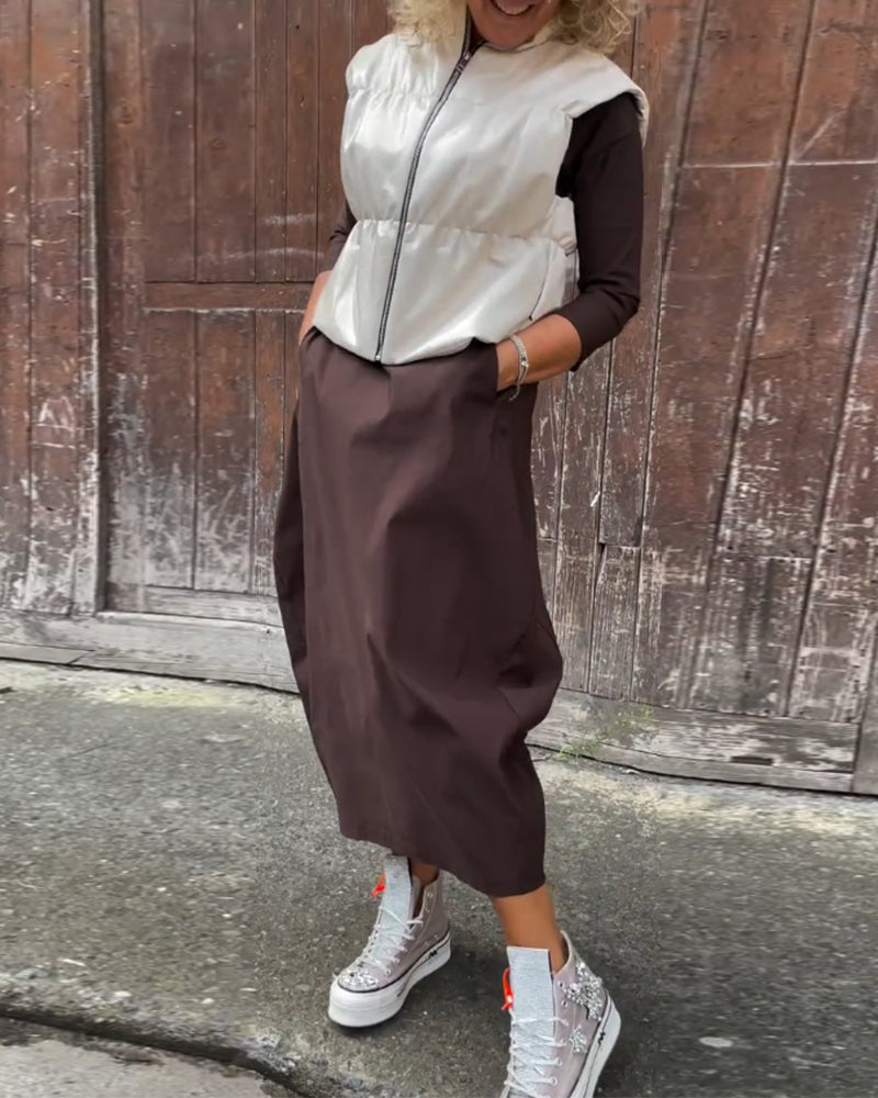 Eenvoudige effen kleur zak lange mouw elegante jurk