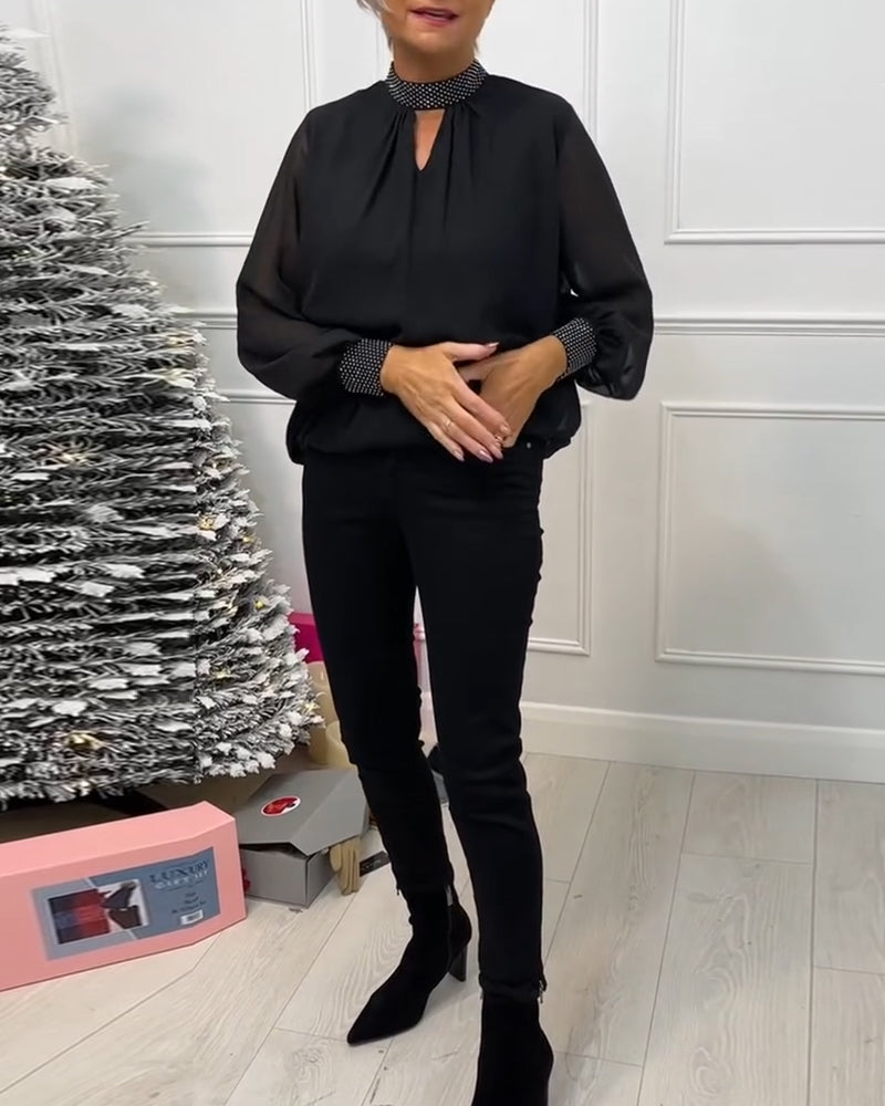 Mode effen kleur blouse met staande kraag patchwork en holle