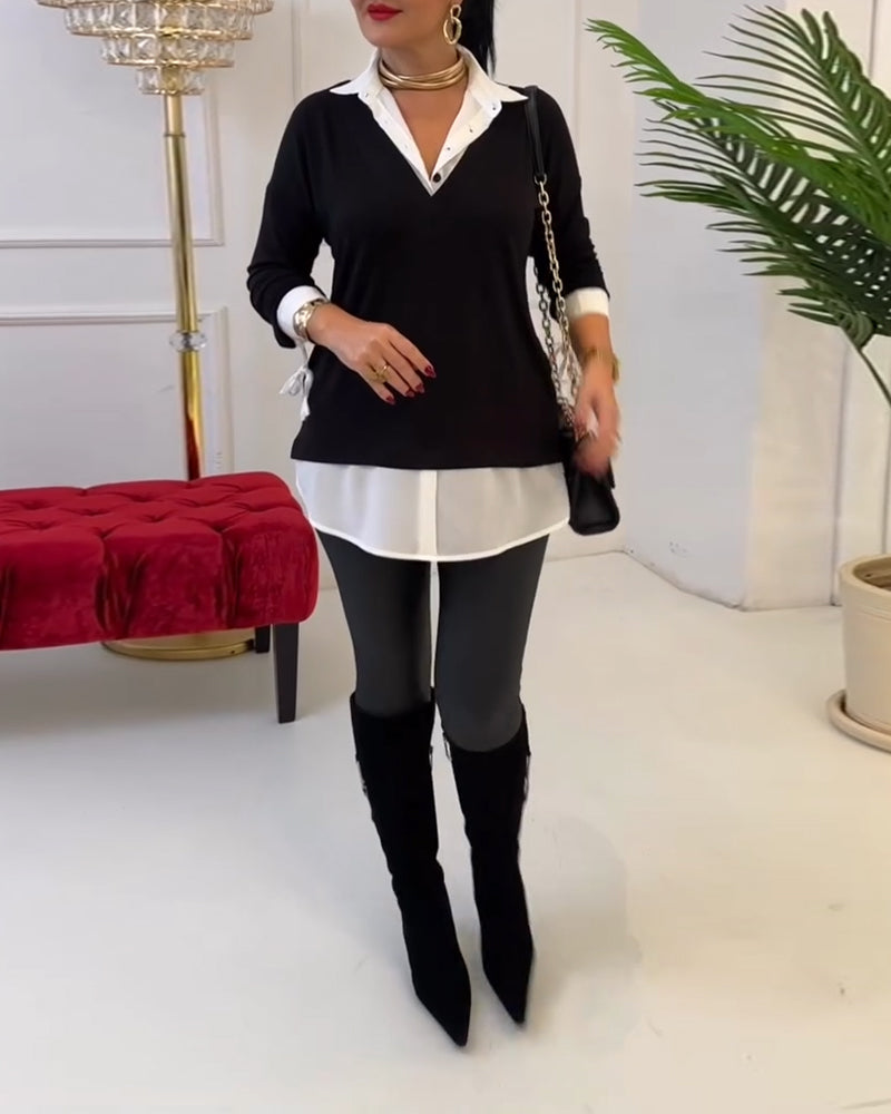 Top Zwart En Wit Patchwork Revers