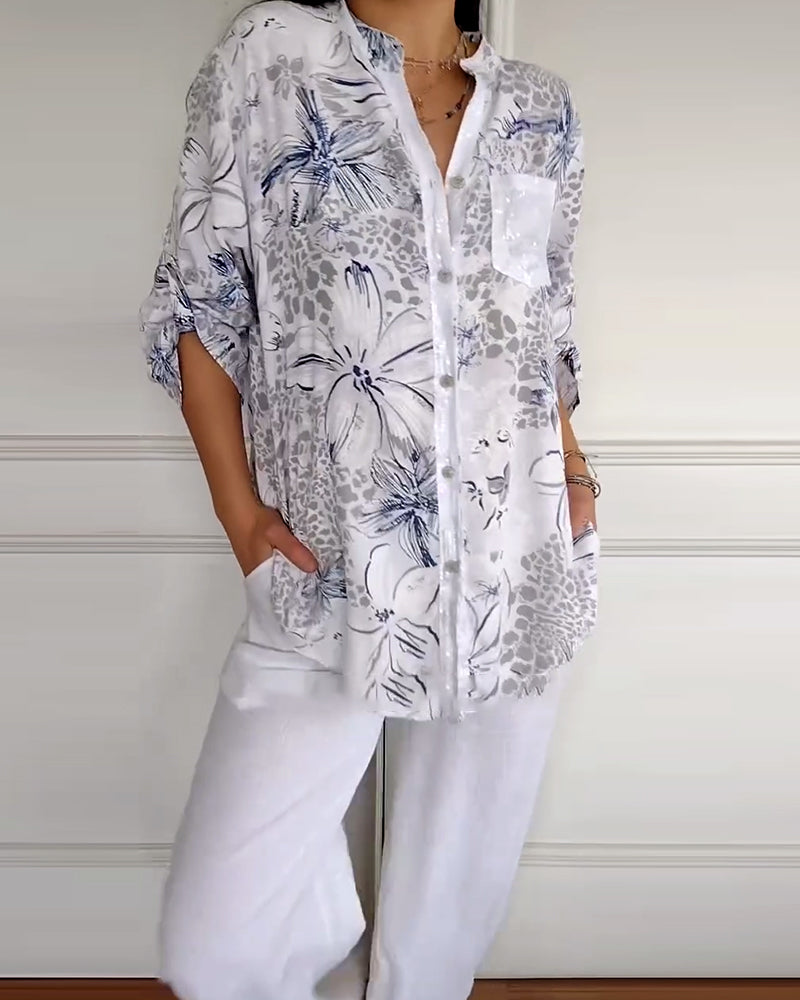 Shirt Staande Kraag Gedrukte Zak