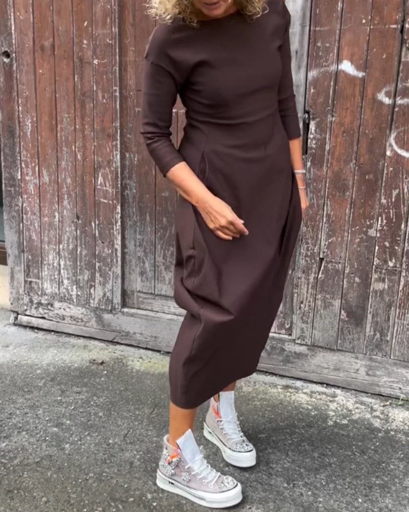 Eenvoudige effen kleur zak lange mouw elegante jurk