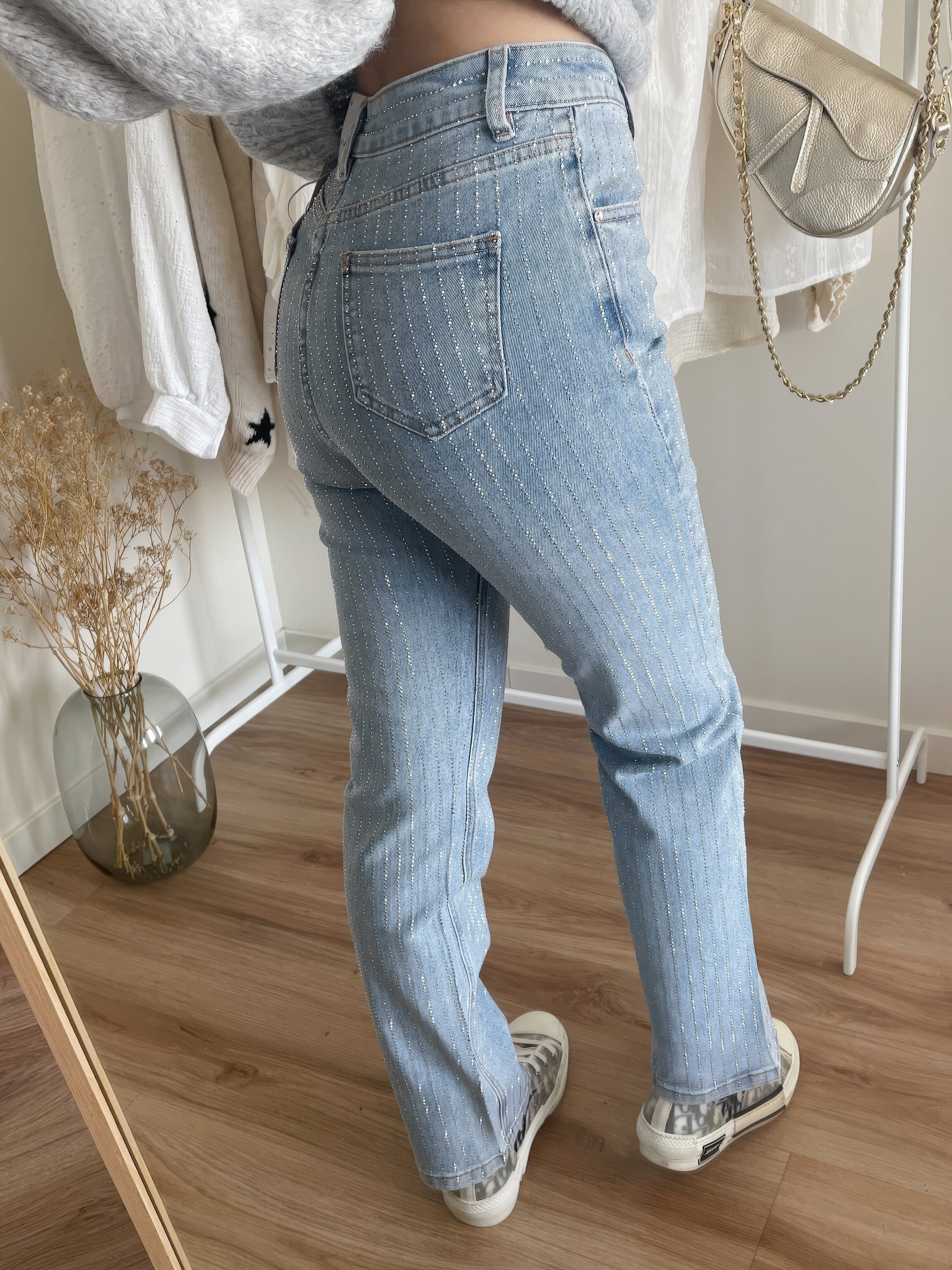 Dames hoge taille glitter denim jeans - stijlvolle casual broeken voor elke gelegenheid