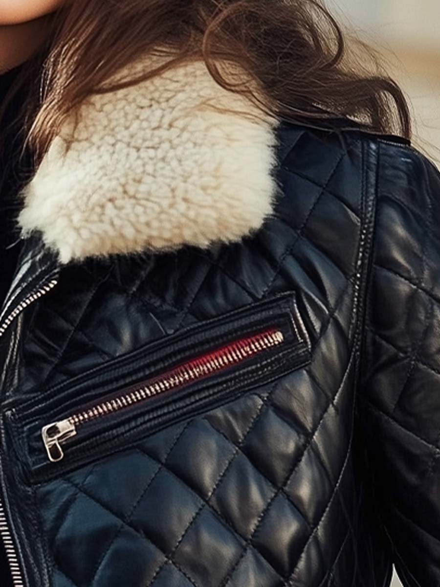 Retro gewatteerde leren dames jas - zwart met contrasterende details en bontkraag