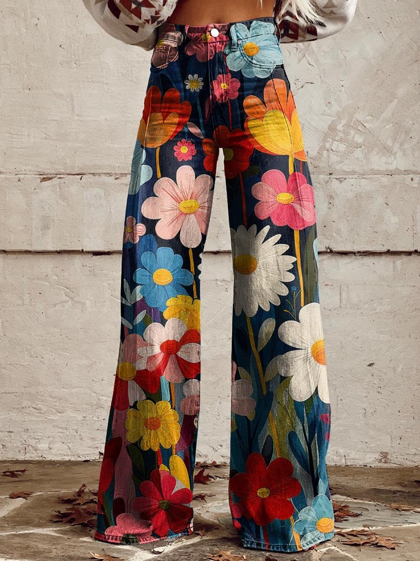 Bloemen wijde broek - levendige zwarte damesjeans