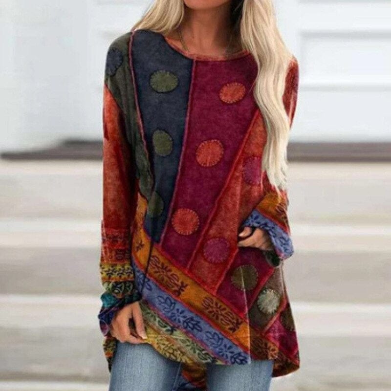 Bohemian patchwork tuniek - trendy dames top met lange mouwen