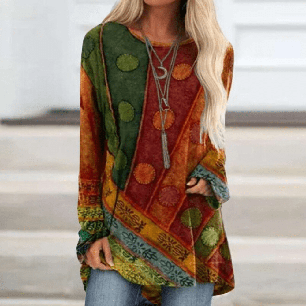 Bohemian patchwork tuniek - trendy dames top met lange mouwen