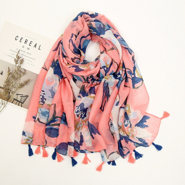 Florale pashmina sjaal met franjes - elegante dames sjaal