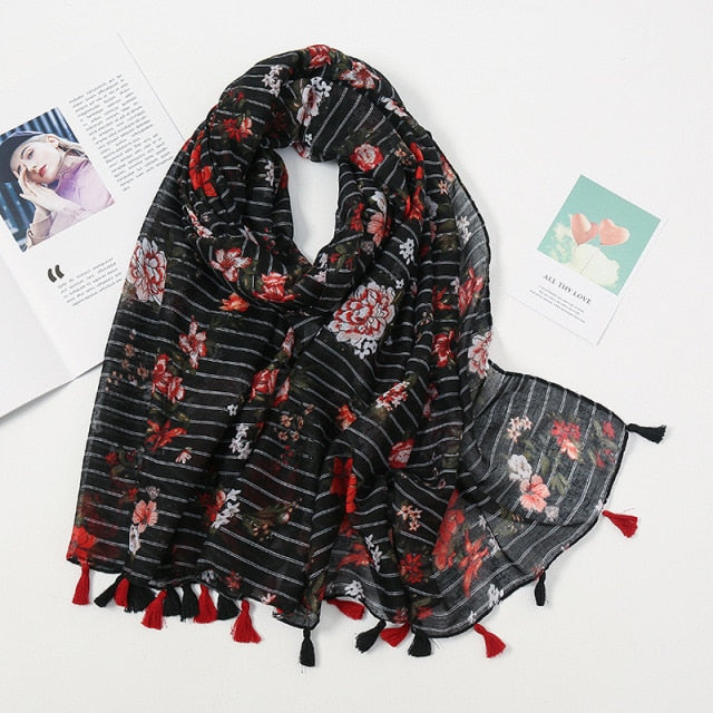 Florale pashmina sjaal met franjes - elegante dames sjaal