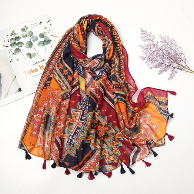 Florale pashmina sjaal met franjes - elegante dames sjaal
