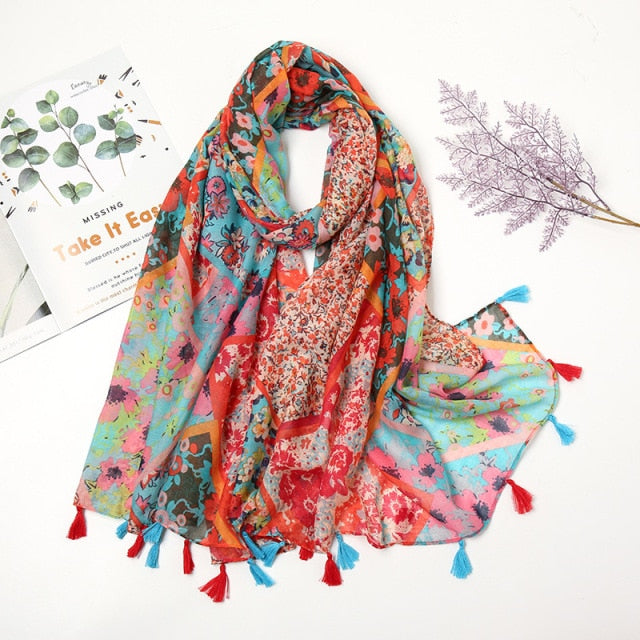 Florale pashmina sjaal met franjes - elegante dames sjaal