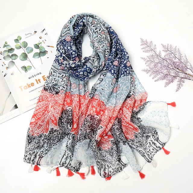 Florale pashmina sjaal met franjes - elegante dames sjaal