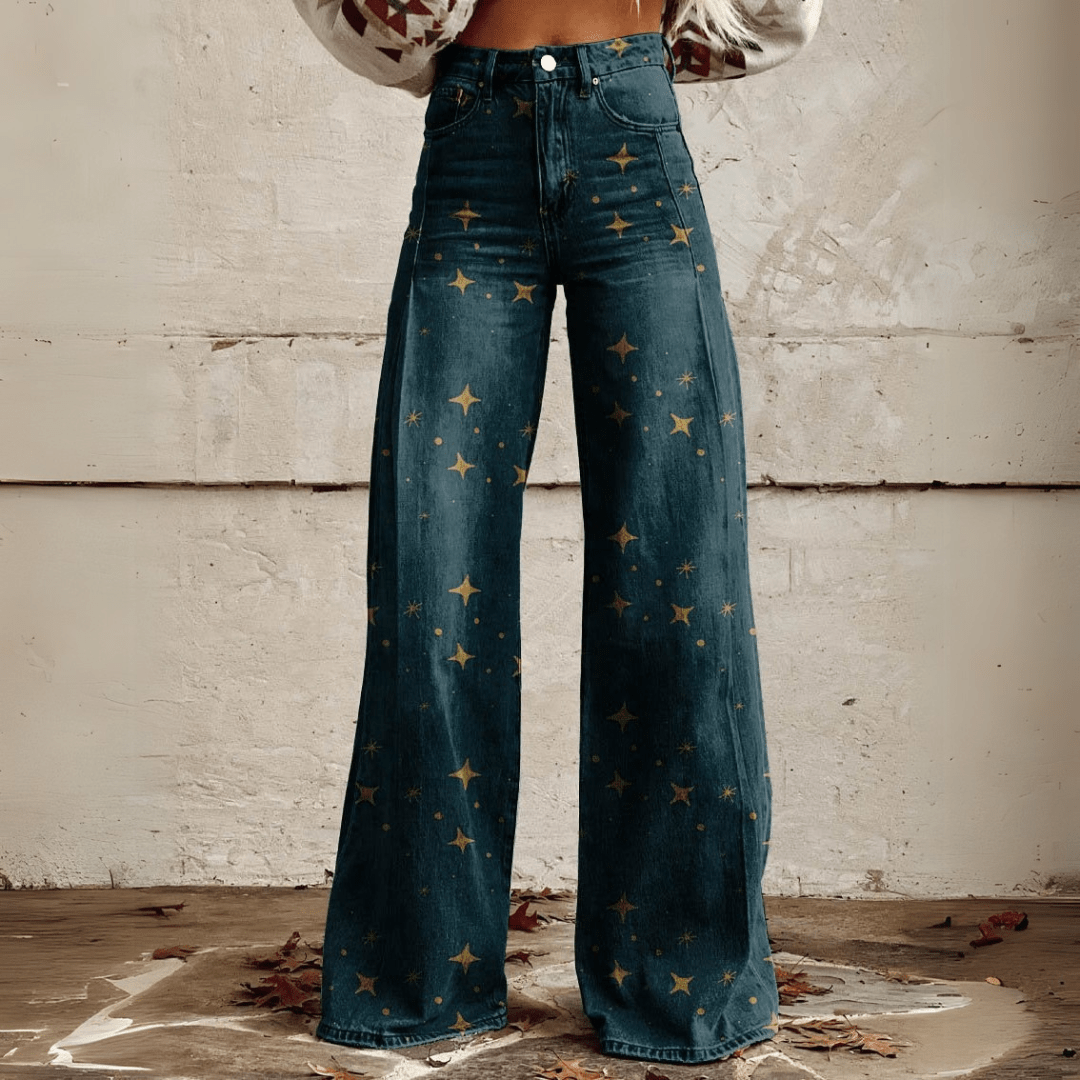 Dames vintage bloemen wijde broek - boho denim met witte bloemp print