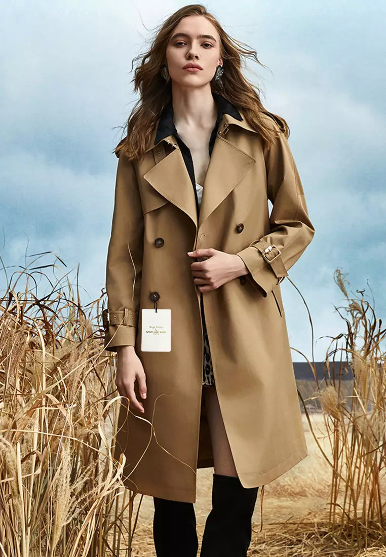 Trenchcoat met dubbele knopenrij voor dames - lange jas met ceintuur